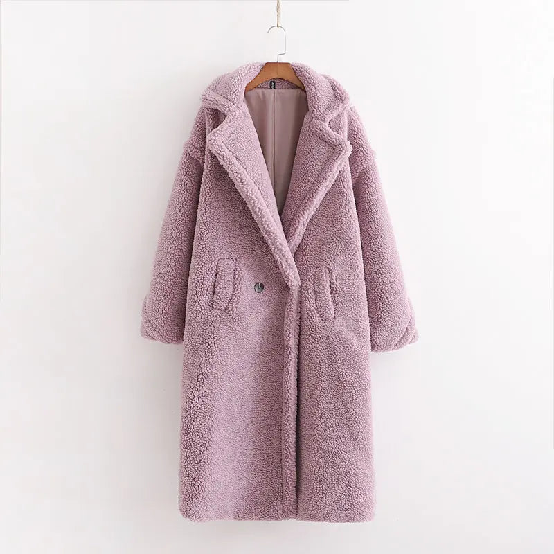 Teddy Jacket Faux Fur Coat Long Red White Pink Fur Coat Female Vintage Fur Collar Winter Coat Women Elegant Shaggy Fur Coats