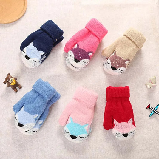 Cute Cartoon Thicken Warm Gloves Knitted Wool Children Winter Gloves Kids Boys Girls Full Finger Mittens