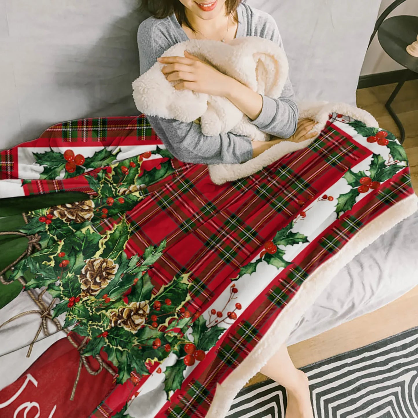 Christmas Holly Berries Red Plaid Cashmere Blanket Winter