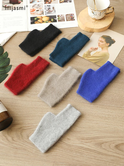 Mink Cashmere Autumn Winter Women Gloves Fingerless Warm Racoon Wool Mitten Wrist Length Thumb Hole Mitts Korean Female Lovely