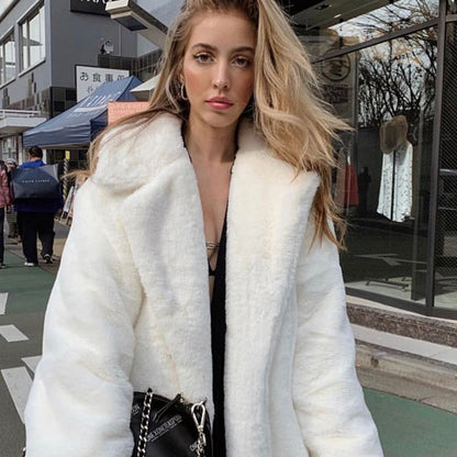 2022 New Female Winter Plush Thick Warm Loose Women Faux Rabbit Fur Coat Loose Lapel Fur Coat