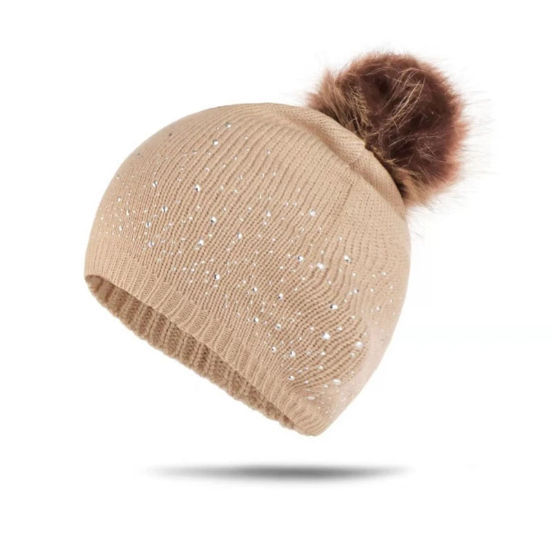 WZCX Fashion Rhinestone Inlay Solid Color Pompom Hat