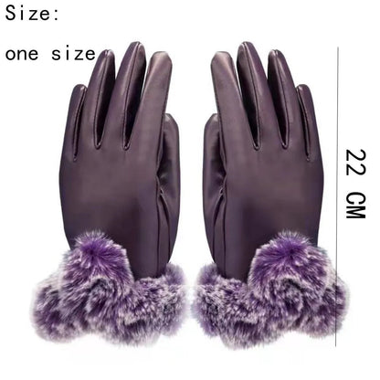 Women Winter Gloves Faux Rabbit PU Leather Touch Screen Mittens Lady Female Outdoor Driving Warm Gloves Touch Screen Mittens