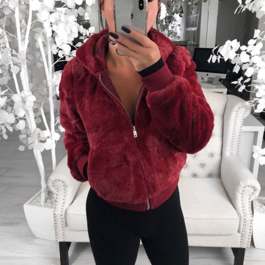 Solid Color Hooded Rabbit Hair Imitation Fur Plush Winter Jacket