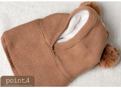 Baby Knit Short Plush Inlayer Hooded Scarf Kid Hat and Scarf