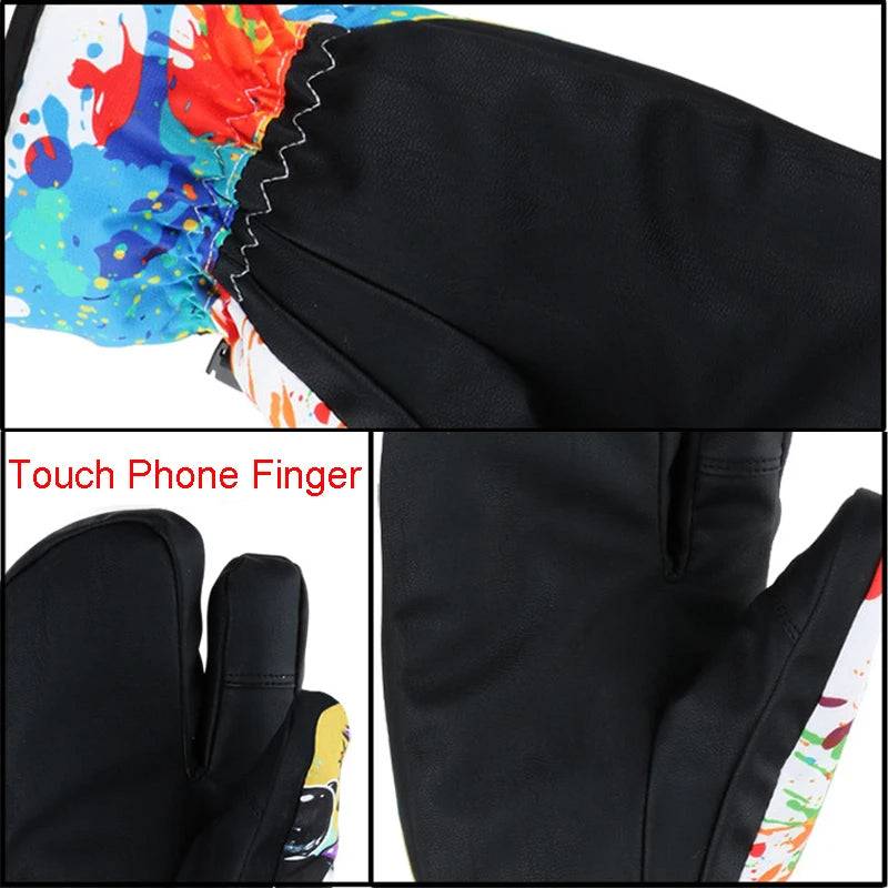 3 Finger Professional Snowboard Ski Gloves Waterproof -30 Winter Thermal Mittens Windproof Skiing Snowmobile Touch Screen Rope