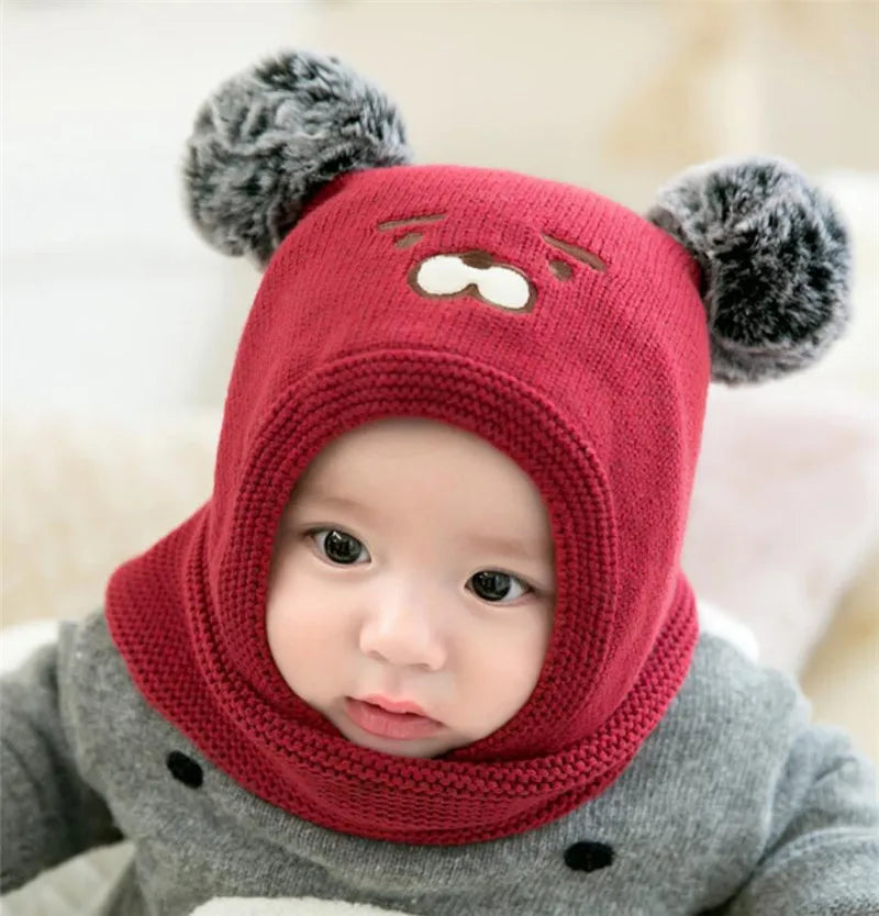 Baby Knit Short Plush Inlayer Hooded Scarf Kid Hat and Scarf