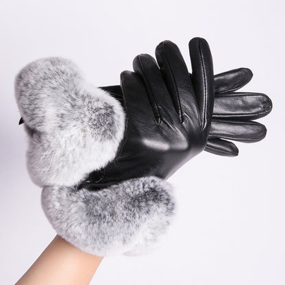 MWFur FashionRex Rabbit Fur Gloves Touchscreen Fashion Mittens Leather Gloves Touchscreen Fashion Tight Leather Gloves For