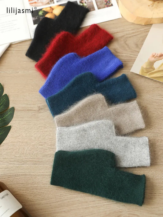 Mink Cashmere Autumn Winter Women Gloves Fingerless Warm Racoon Wool Mitten Wrist Length Thumb Hole Mitts Korean Female Lovely