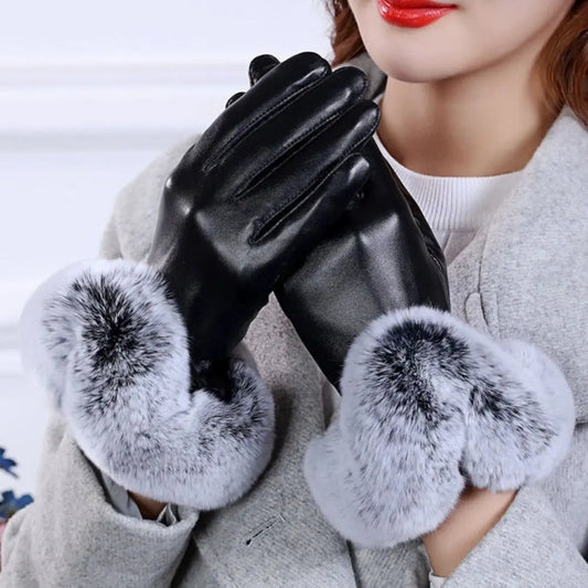 Women Winter Gloves Faux Rabbit PU Leather Touch Screen Mittens Lady Female Outdoor Driving Warm Gloves Touch Screen Mittens