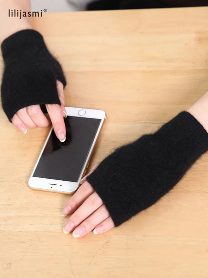 Mink Cashmere Autumn Winter Women Gloves Fingerless Warm Racoon Wool Mitten Wrist Length Thumb Hole Mitts Korean Female Lovely