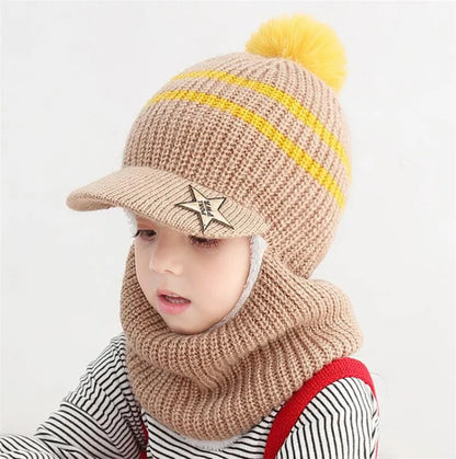 Knit Short Plush Hooded Scarf Kids Hat and Scarf