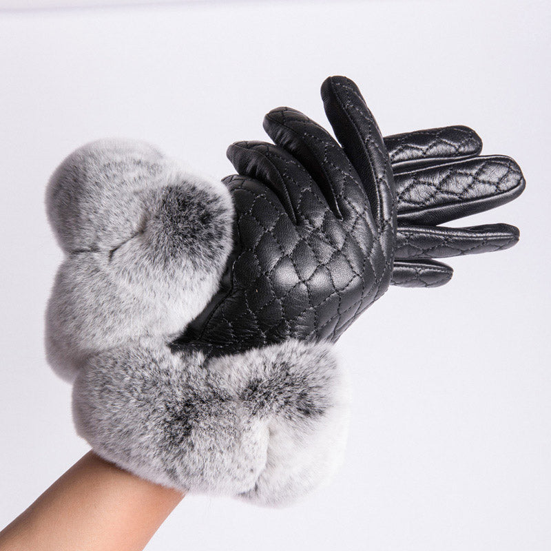 MWFur FashionRex Rabbit Fur Gloves Touchscreen Fashion Mittens Leather Gloves Touchscreen Fashion Tight Leather Gloves For