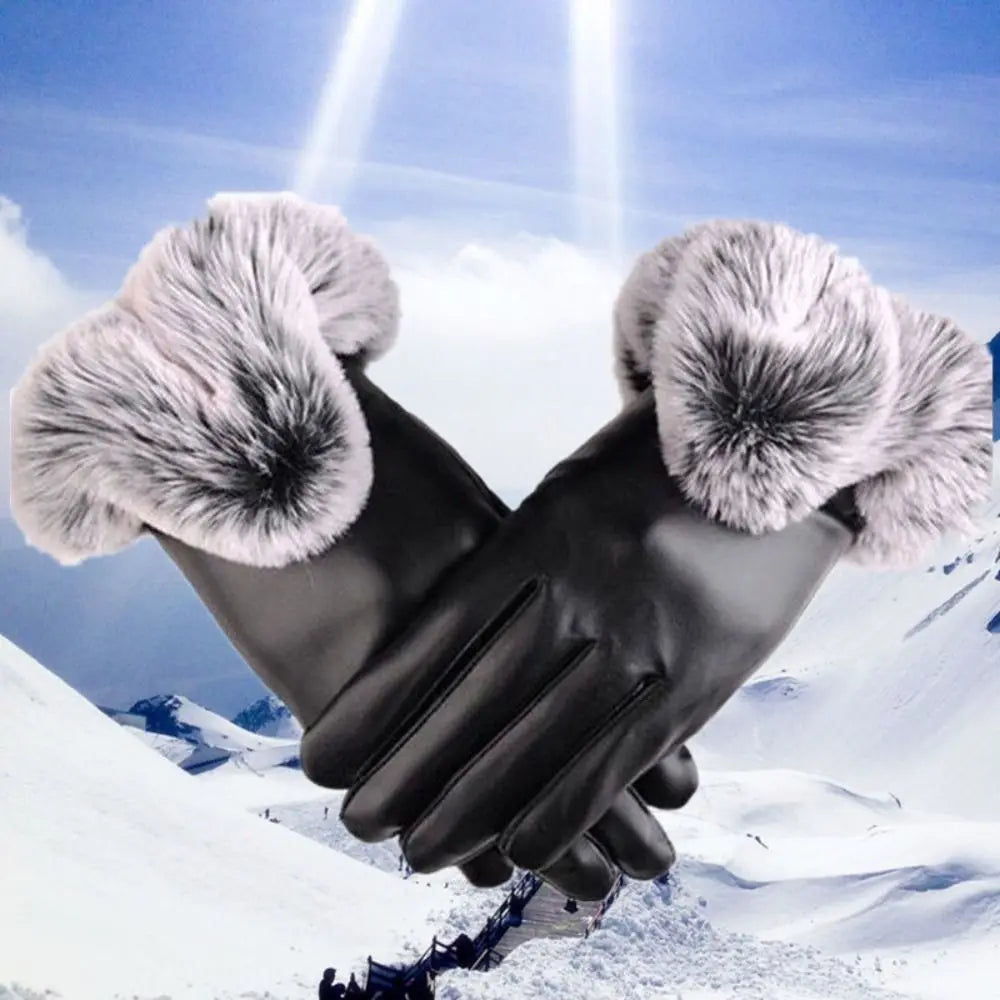 Women Winter Gloves Faux Rabbit PU Leather Touch Screen Mittens Lady Female Outdoor Driving Warm Gloves Touch Screen Mittens