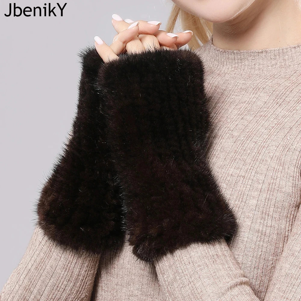 New Women 100% Real Genuine Knitted Mink Fur Mittens Winter Warm Lady Real Fur Fingerless Gloves Handmade Knit Mink Fur Mitten