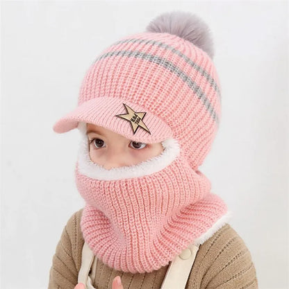 Knit Short Plush Hooded Scarf Kids Hat and Scarf