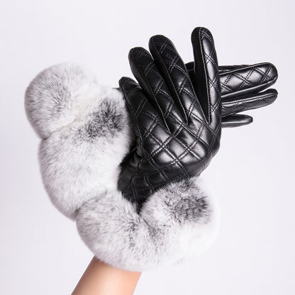 MWFur FashionRex Rabbit Fur Gloves Touchscreen Fashion Mittens Leather Gloves Touchscreen Fashion Tight Leather Gloves For