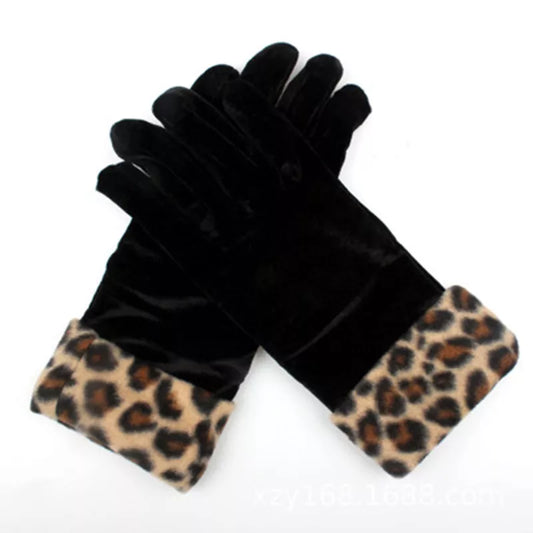 Women Driving Gloves Gold Velvet Leopard Gloves Women Sexy Etiquette Mittens Autumn Winter Warm Elastic Cycling Mittens D14