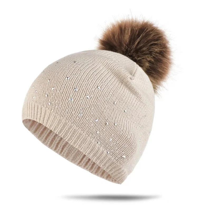 WZCX Fashion Rhinestone Inlay Solid Color Pompom Hat