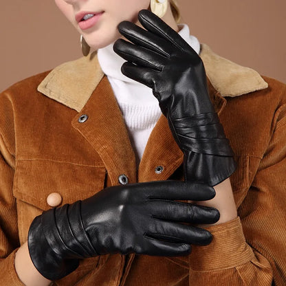 Women's Genuine Leather Gloves Black Sheepskin Five Finger Gloves Winter Thick Warm Fashion Mittens New BW015