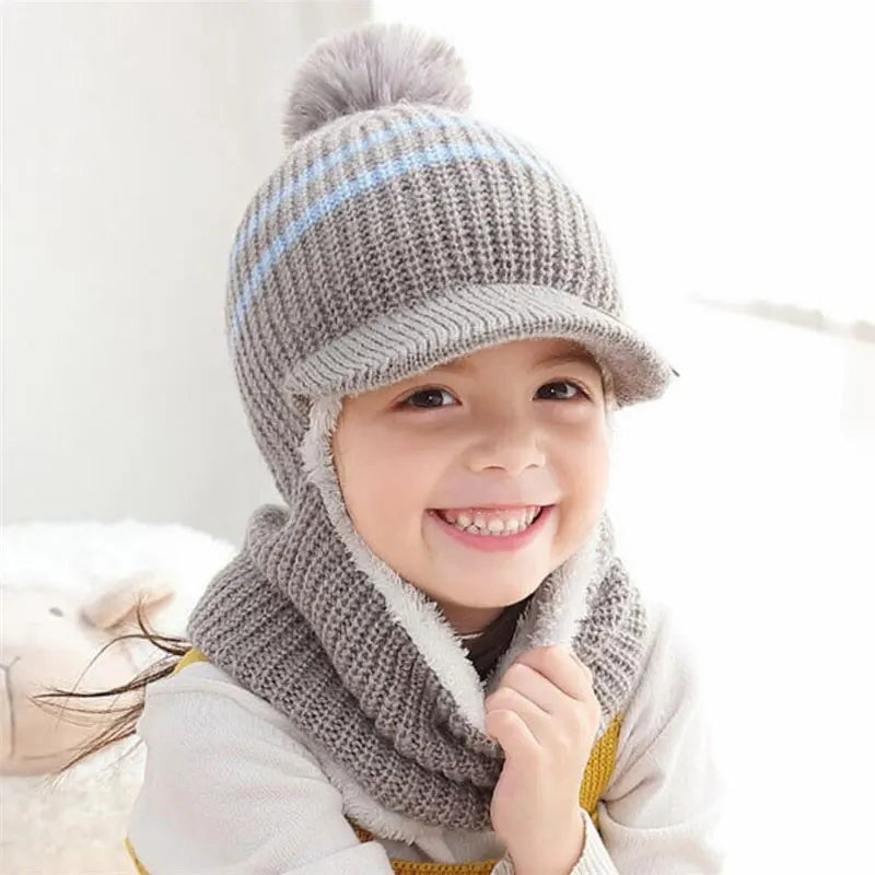 Knit Short Plush Hooded Scarf Kids Hat and Scarf