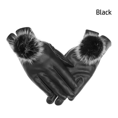 Women Winter Gloves Faux Rabbit PU Leather Touch Screen Mittens Lady Female Outdoor Driving Warm Gloves Touch Screen Mittens