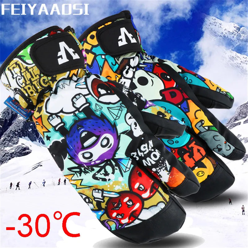 3 Finger Professional Snowboard Ski Gloves Waterproof -30 Winter Thermal Mittens Windproof Skiing Snowmobile Touch Screen Rope