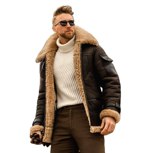 Fashion Jackets Mens Cashmere Leather Jacket Solid Colour Motorcycle Jackets Vintage Streetwear Coats Winter Thicken Outerwear