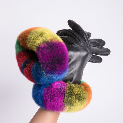 MWFur FashionRex Rabbit Fur Gloves Touchscreen Fashion Mittens Leather Gloves Touchscreen Fashion Tight Leather Gloves For