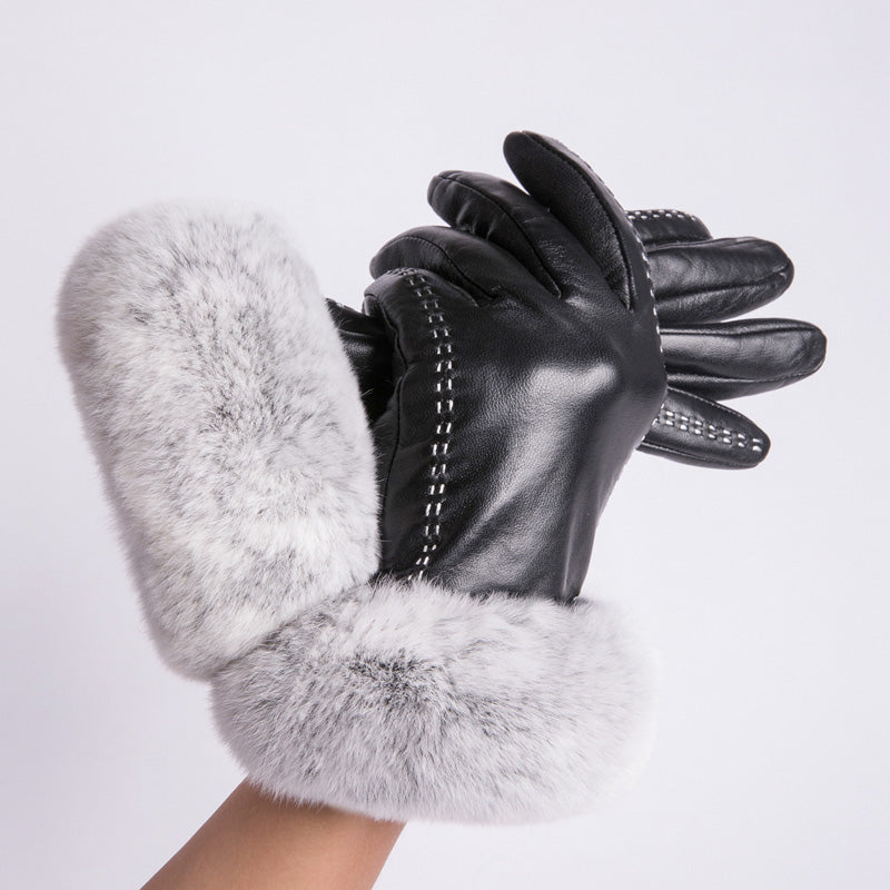 MWFur FashionRex Rabbit Fur Gloves Touchscreen Fashion Mittens Leather Gloves Touchscreen Fashion Tight Leather Gloves For