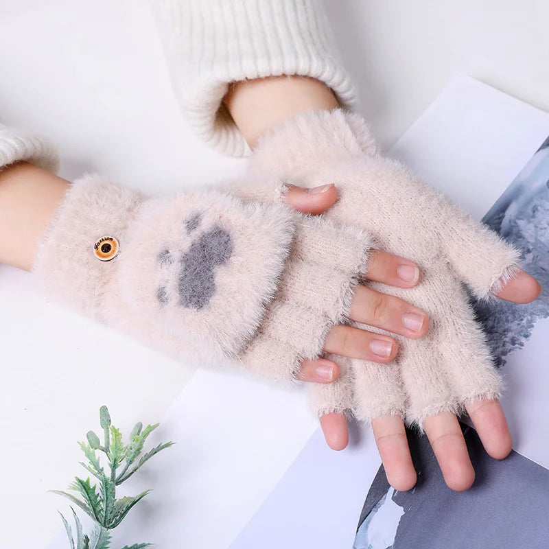 Soft Mink Gloves Cat Claw Fingerless Flip Mittens Winter Warm Wool Touchscreen Gloves Flap Cover Women Men Knitted Mitten Glove