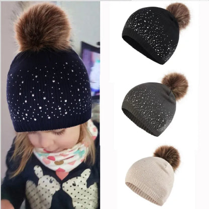 WZCX Fashion Rhinestone Inlay Solid Color Pompom Hat