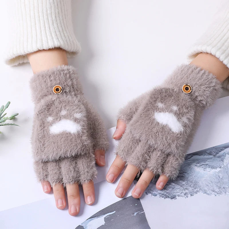 Soft Mink Gloves Cat Claw Fingerless Flip Mittens Winter Warm Wool Touchscreen Gloves Flap Cover Women Men Knitted Mitten Glove