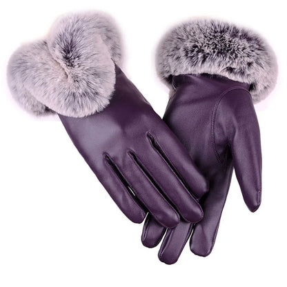 Women Winter Gloves Faux Rabbit PU Leather Touch Screen Mittens Lady Female Outdoor Driving Warm Gloves