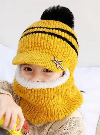 Knit Short Plush Hooded Scarf Kids Hat and Scarf