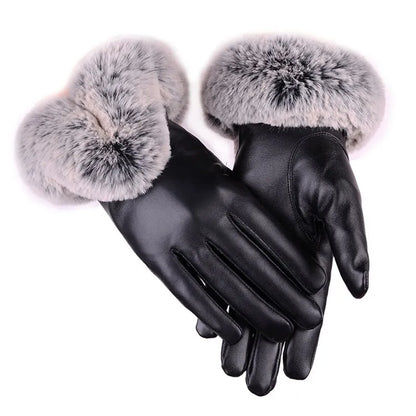 Women Winter Gloves Faux Rabbit PU Leather Touch Screen Mittens Lady Female Outdoor Driving Warm Gloves