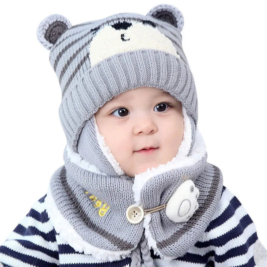 Unisex Kids Cartoon Bear Stripe Hats and Scarf Baby