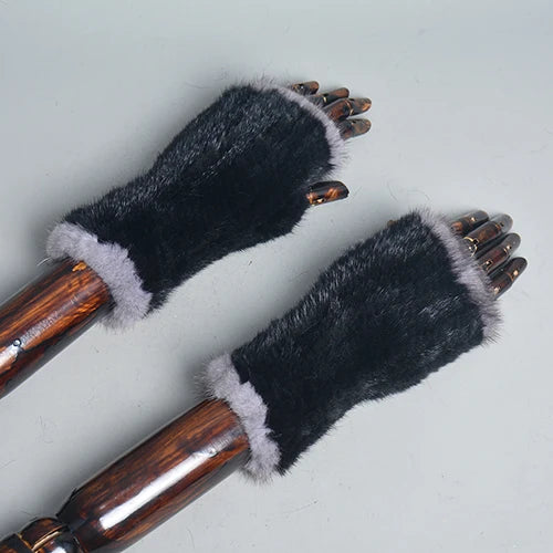 New Women 100% Real Genuine Knitted Mink Fur Mittens Winter Warm Lady Real Fur Fingerless Gloves Handmade Knit Mink Fur Mitten