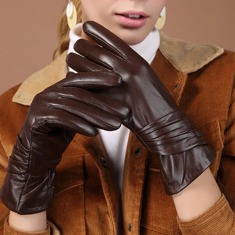 Women's Genuine Leather Gloves Black Sheepskin Five Finger Gloves Winter Thick Warm Fashion Mittens New BW015