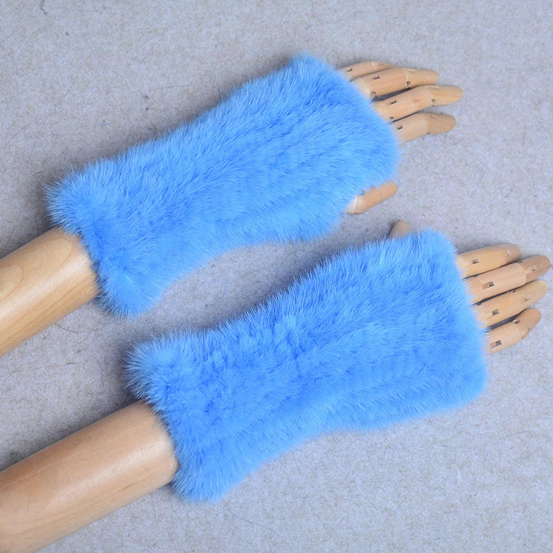 New Women 100% Real Genuine Knitted Mink Fur Mittens Winter Warm Lady Real Fur Fingerless Gloves Handmade Knit Mink Fur Mitten