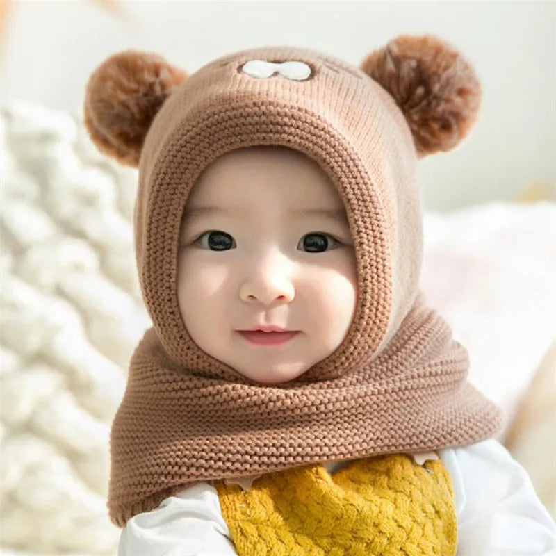 Baby Knit Short Plush Inlayer Hooded Scarf Kid Hat and Scarf