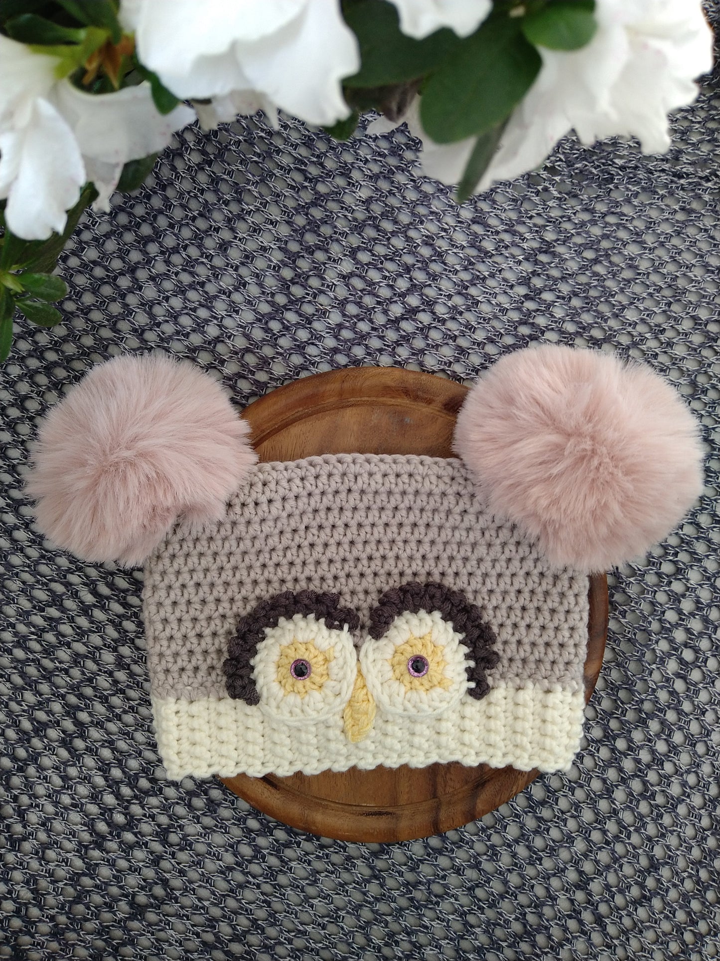 Rustic Owl Baby Hat With Pompoms