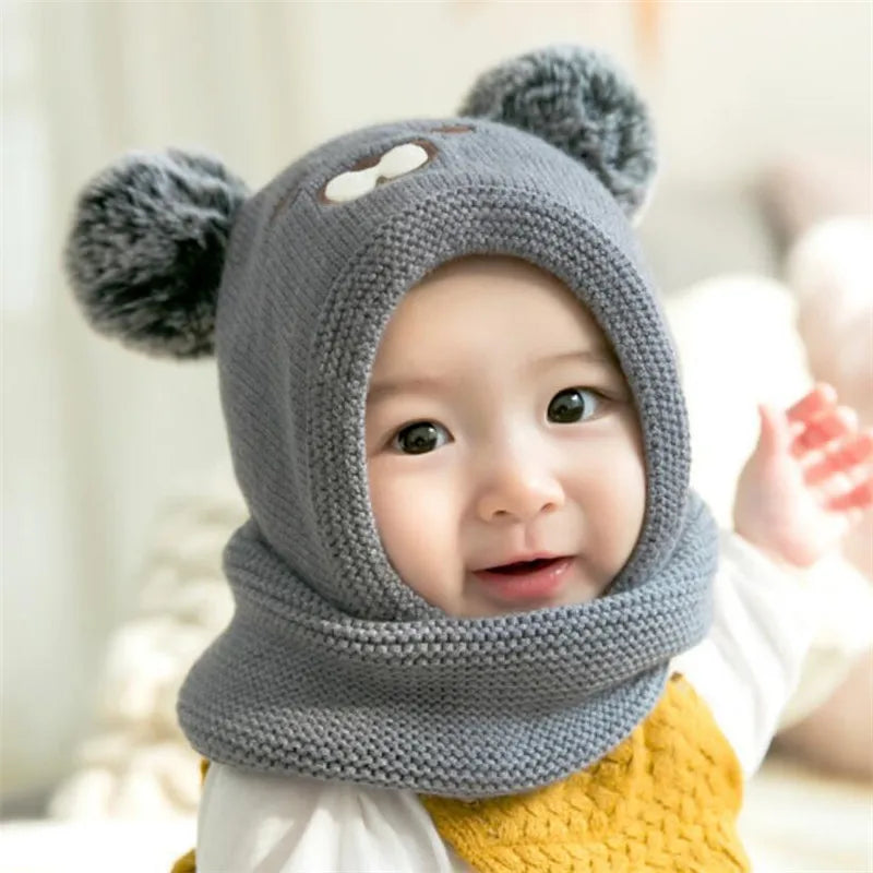 Baby Knit Short Plush Inlayer Hooded Scarf Kid Hat and Scarf