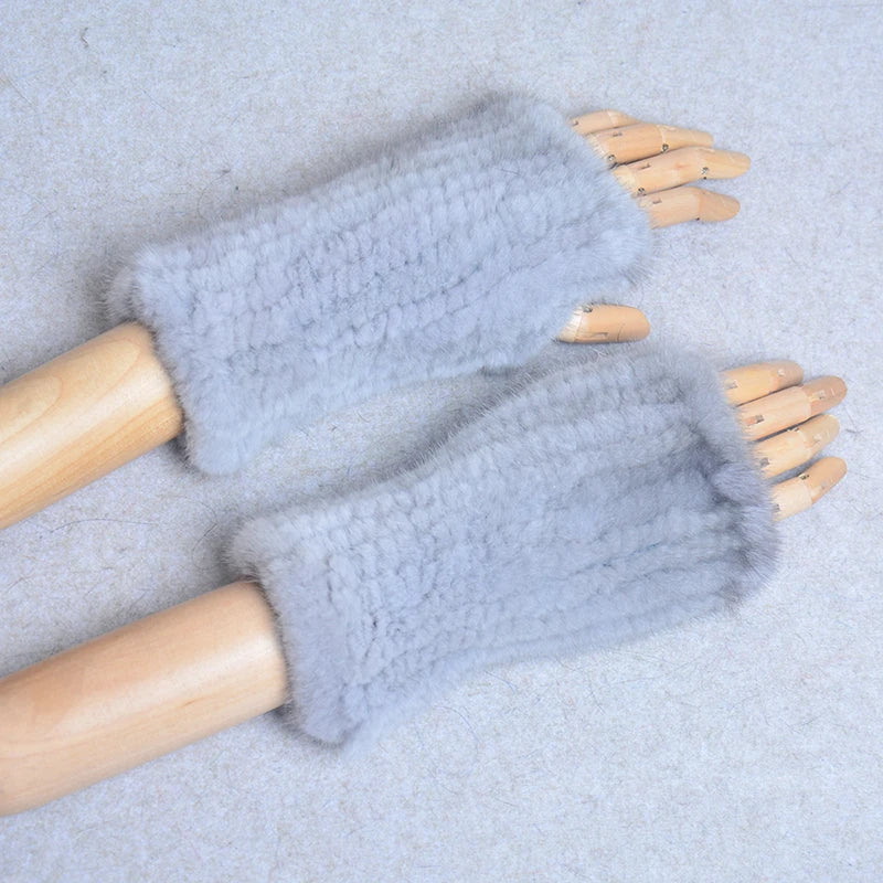 New Women 100% Real Genuine Knitted Mink Fur Mittens Winter Warm Lady Real Fur Fingerless Gloves Handmade Knit Mink Fur Mitten