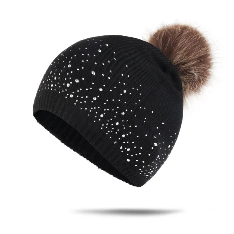 WZCX Fashion Rhinestone Inlay Solid Color Pompom Hat