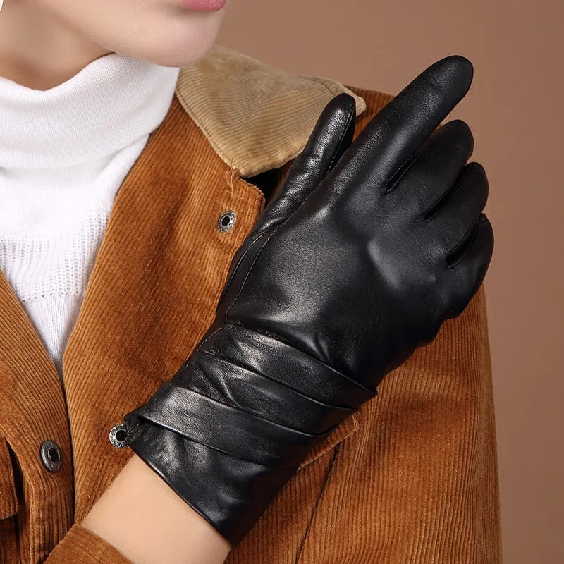 Women's Genuine Leather Gloves Black Sheepskin Five Finger Gloves Winter Thick Warm Fashion Mittens New BW015