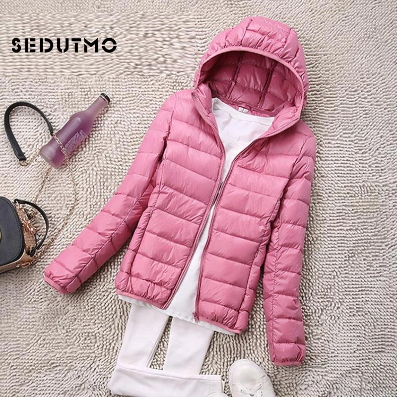 SEDUTMO Winter  Womens Down Jackets Short Ultra Light Duck Down Coat Hooded Puffer Jacket Autumn Parkas ED034