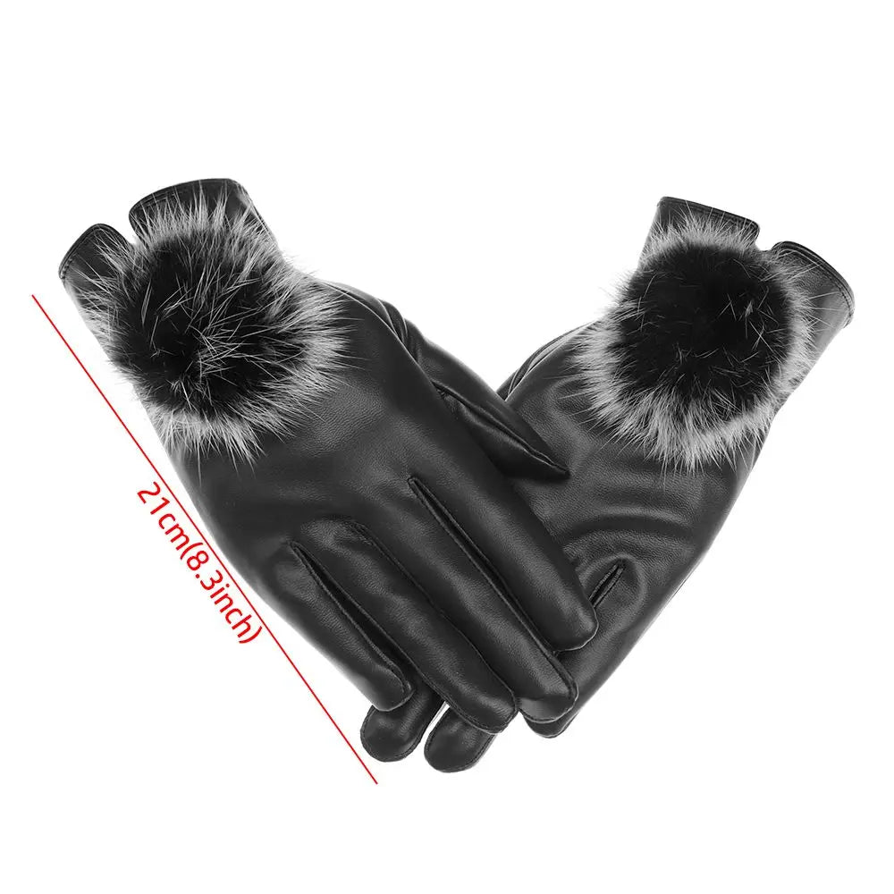 Women Winter Gloves Faux Rabbit PU Leather Touch Screen Mittens Lady Female Outdoor Driving Warm Gloves Touch Screen Mittens