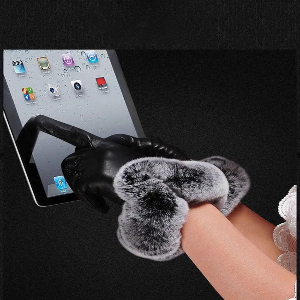 Women Winter Gloves Faux Rabbit PU Leather Touch Screen Mittens Lady Female Outdoor Driving Warm Gloves Touch Screen Mittens