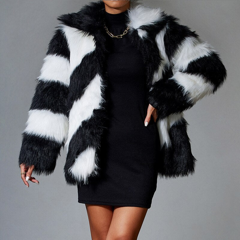 Black Faux Rabbit Fur Coat Luxury Fur Coat Artificial Fur Stitching Jackets Women Turn-Down Collar Coat Plush Over Coats